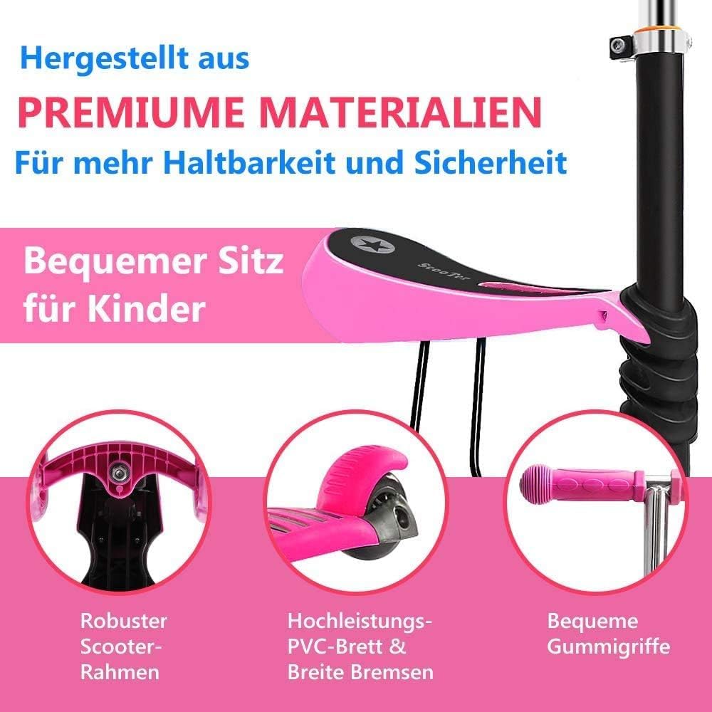 Kids Scooter with Removable Seat, Flashing LED Wheels, Height Adjustable 3 Wheel Scooter with Push Handle for Toddlers, Boys and Girls from 2 Years, Pink – Bild 7
