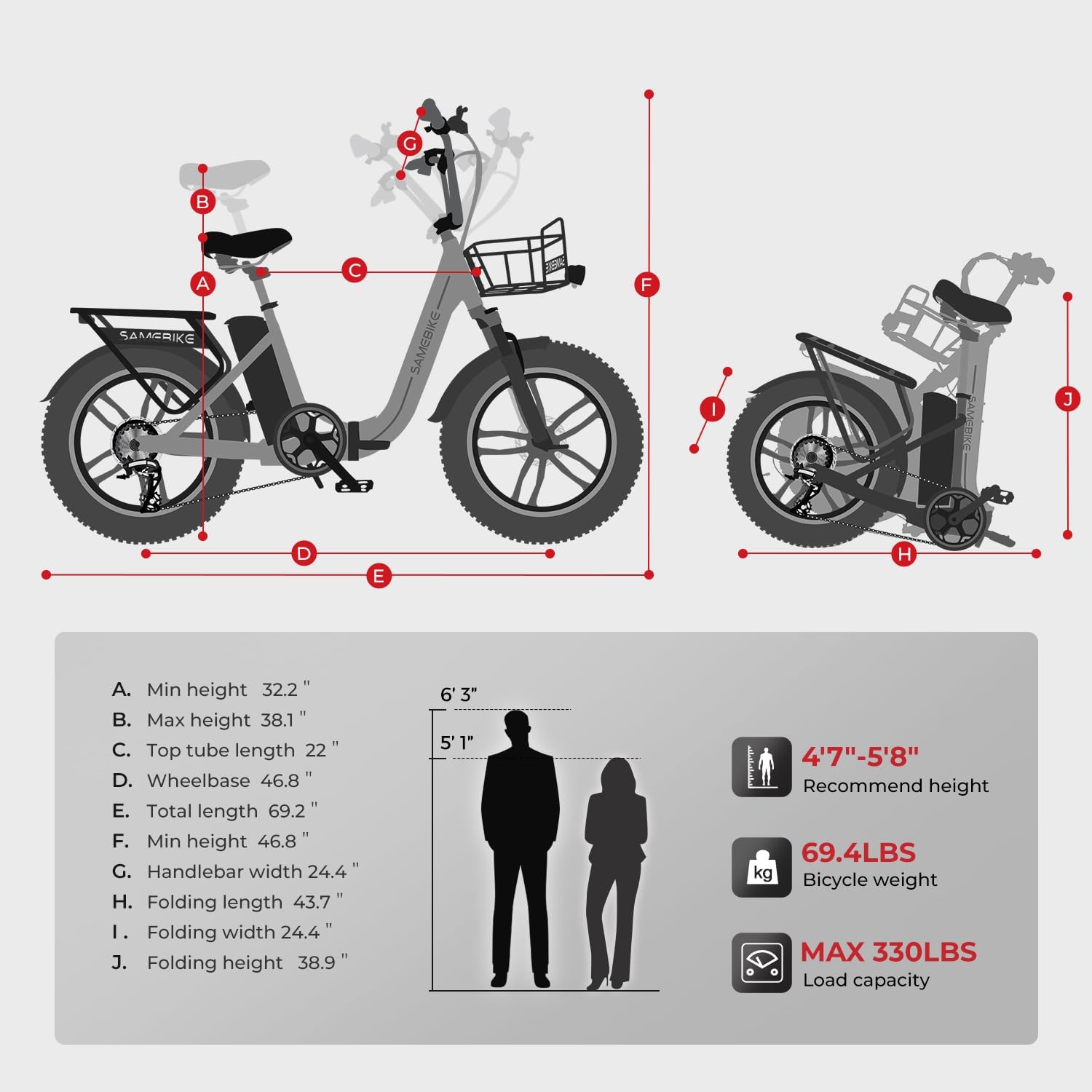 SAMEBIKE E-Bike Folding Bike Electric Bicycle with 20 Inch Fat Tire, 13Ah Lithium Battery for Long Range up to 120 KM, 7-Speed All-Terrain Ebike Men for MTB, Beach & Snow – Bild 7