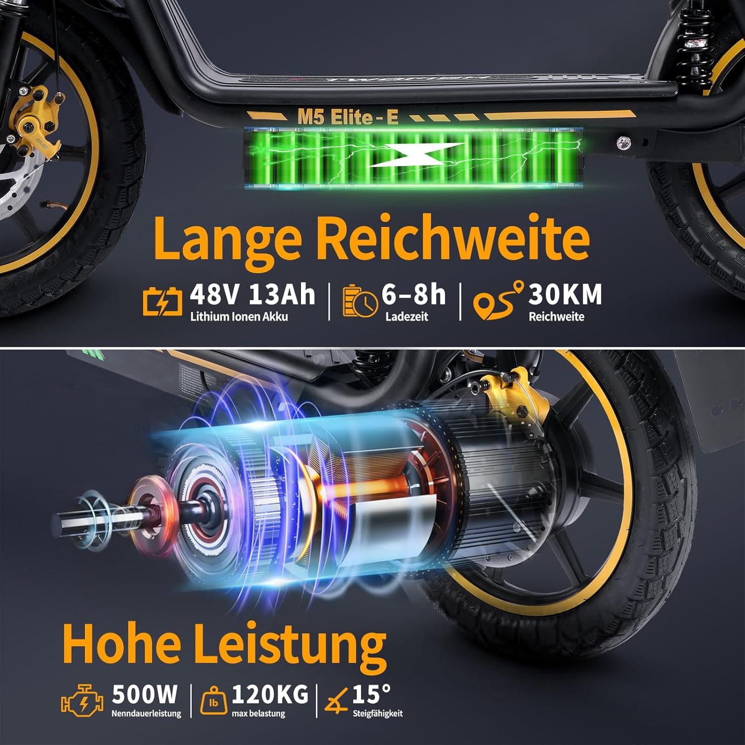 TWOFISH E Scooter with EEC Approval, 500 W Electric Scooter with 48 V 13 Ah Battery, 30 km Range, 14 Inch Tyres, Double Suspension, 3 Speeds, Electric Scooter Adult with LED Display (Black) – Bild 3