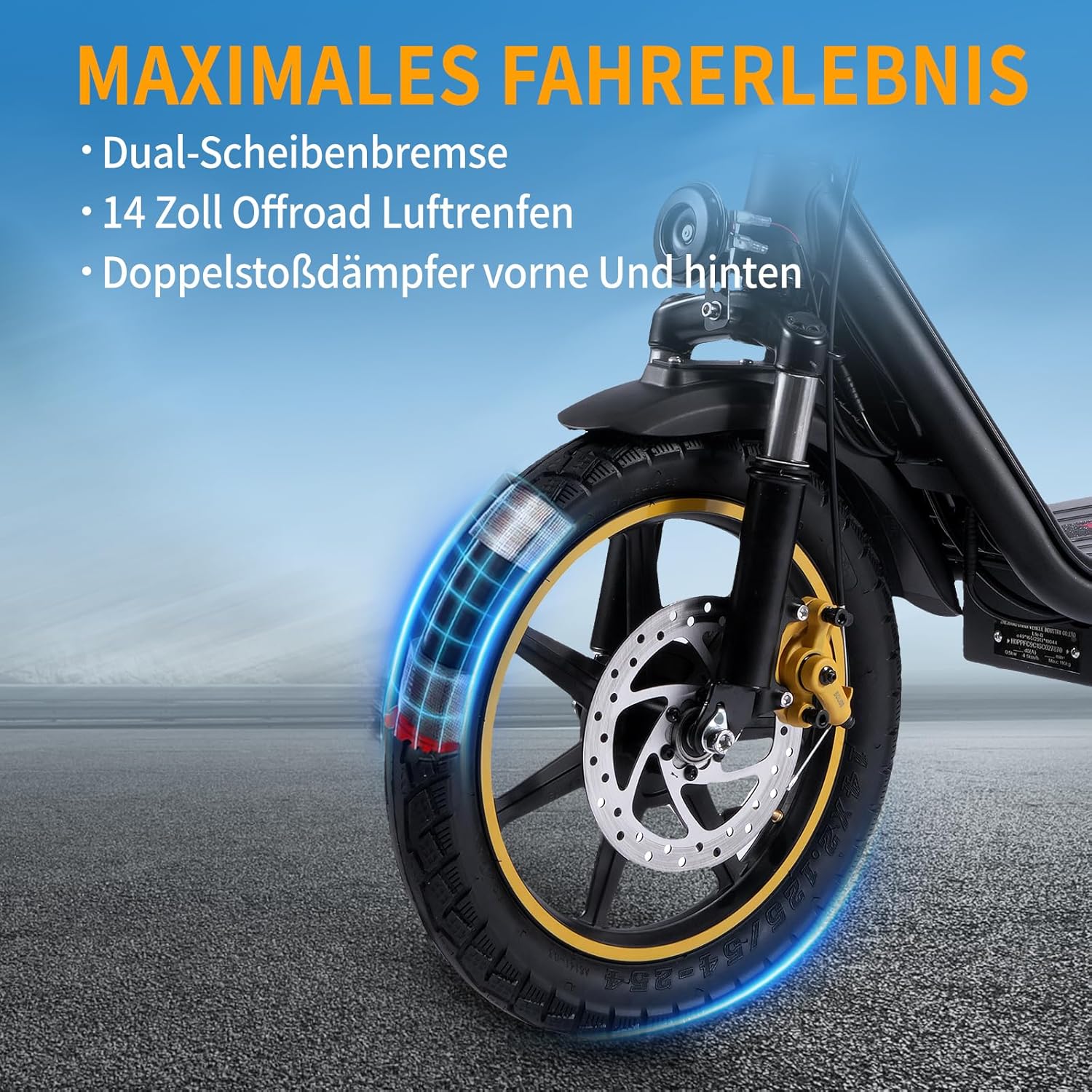 TWOFISH E Scooter with EEC Approval, 500 W Electric Scooter with 48 V 13 Ah Battery, 30 km Range, 14 Inch Tyres, Double Suspension, 3 Speeds, Electric Scooter Adult with LED Display (Black) – Bild 5
