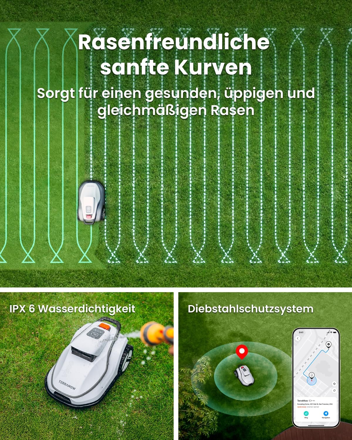 Terramow V1000 Robotic Lawnmower without Boundary Cable with Garage, Tri-AI Vision Technology without Wire/RTK Signal Problems, Automatic Mapping, DropMow Maximum 1200㎡, AI Vision Navigation 4.5Ah – Bild 9