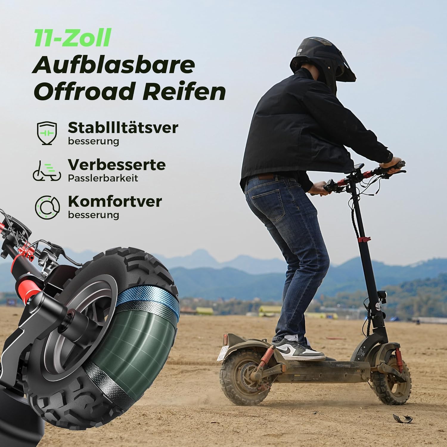 E Scooter mit Straßenzulassung - 11 Zoll MAX 80KM Reichweite Offroad Elektroroller, Faltbarer E-Roller mit Duale Aufhängung, Blinker und APP, Elektroscooter Erwachsene für Stadt und Land Pendeln – Bild 2