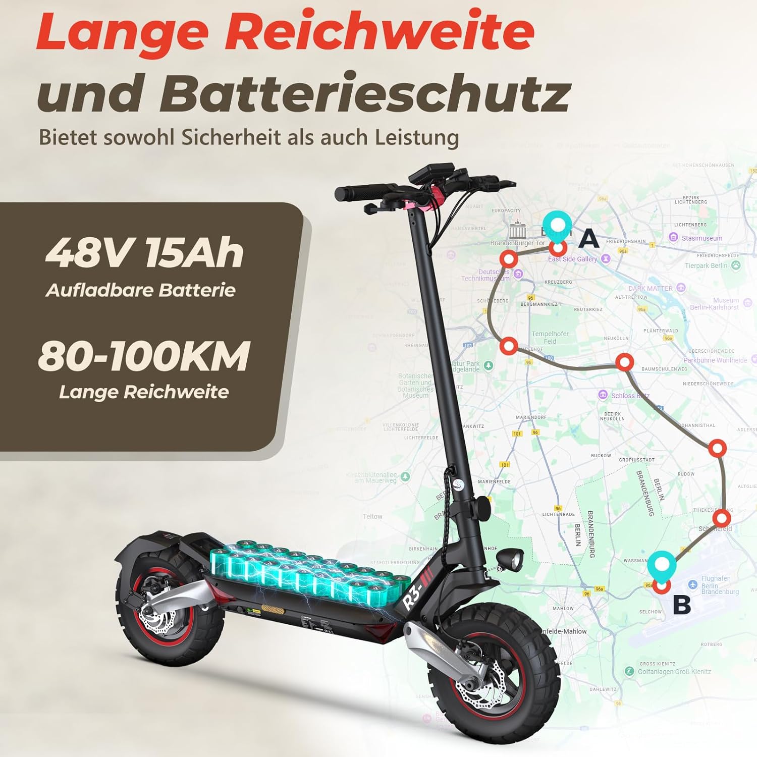 E Scooter with Road Approval, 10 Inch Off-Road Tyres, 500 W Motor, Max 80-100 km Range, Comfortable Damping & Indicator (EMark), App Control, E Scooter for Adults – Bild 2