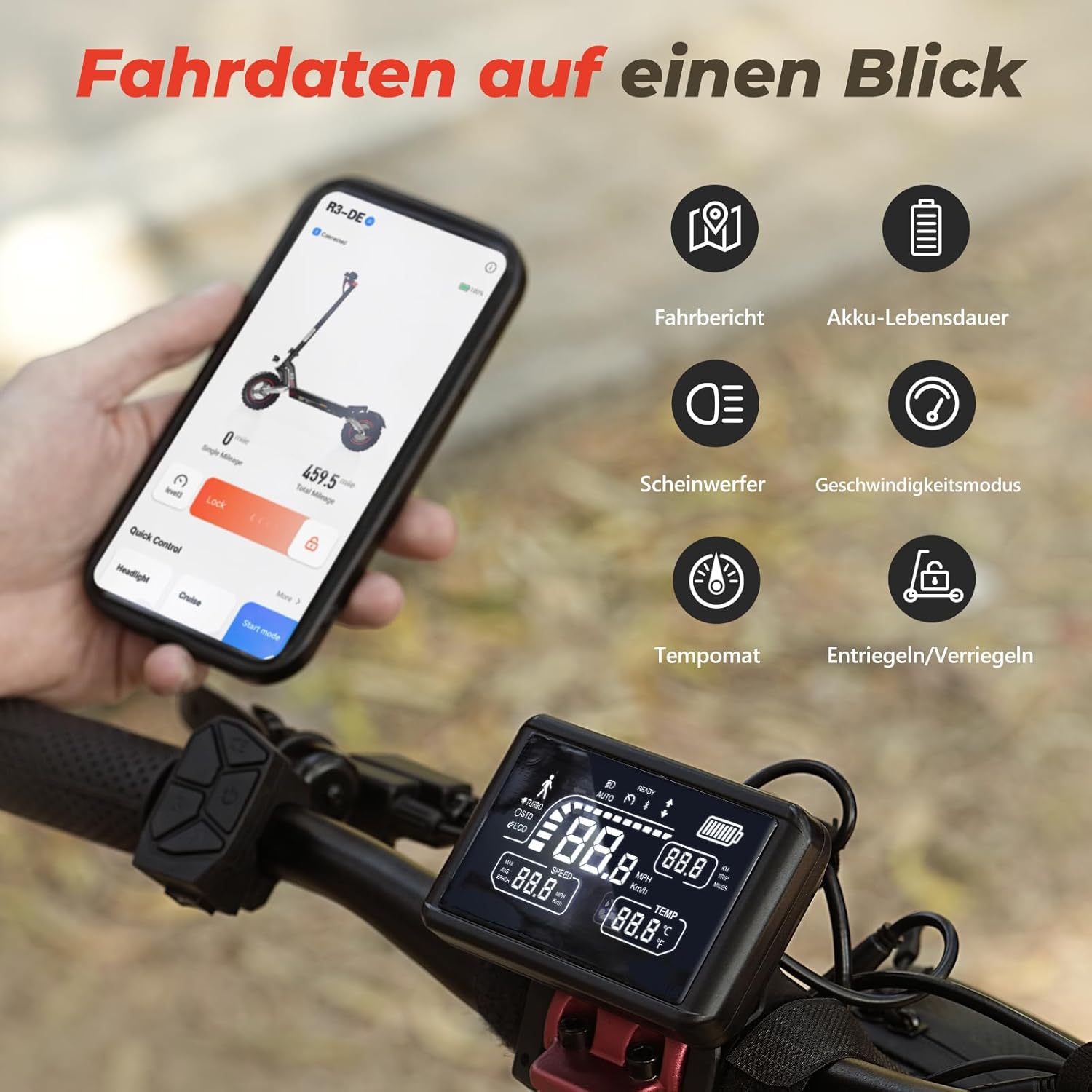 E Scooter with Road Approval, 10 Inch Off-Road Tyres, 500 W Motor, Max 80-100 km Range, Comfortable Damping & Indicator (EMark), App Control, E Scooter for Adults – Bild 8