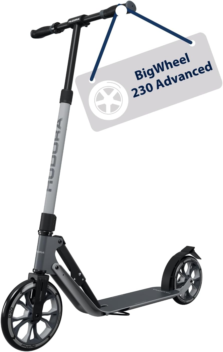 HUDORA BigWheel 230 Advanced Scooter - Sturdy Aluminium Scooter for up to 120 kg - Quiet & Foldable City Scooter with Stand & Bell - Kick Scooter for Children/Teenagers & Adults