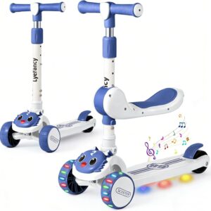 3 Wheel Scooter for Children Aged 2-8 Years, 2 in 1 Kids Scooter with Removable Seat, Folding Scooter with Music and Luminous Wheels, Height Adjustable, Steerable by Weight Shift