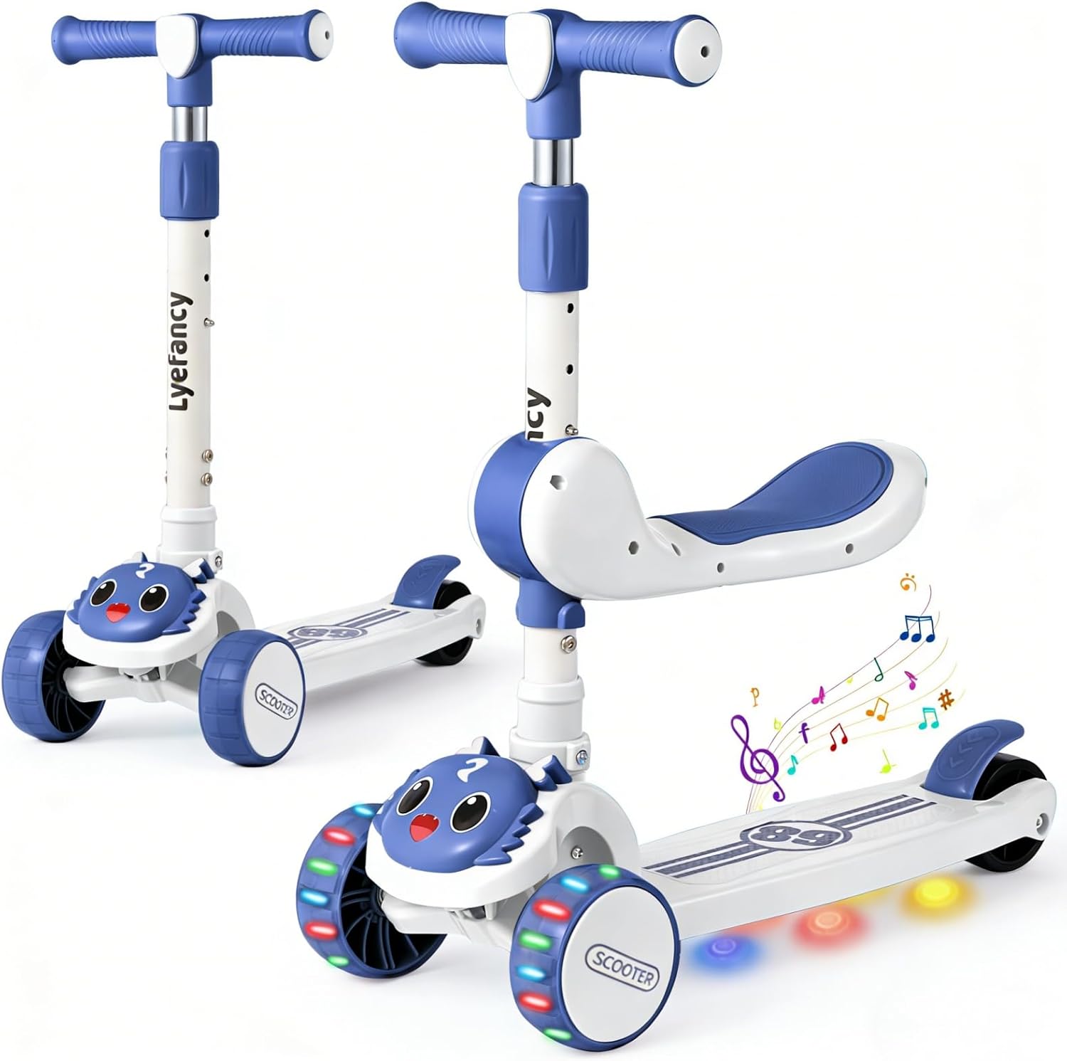 3 Wheel Scooter for Children Aged 2-8 Years, 2 in 1 Kids Scooter with Removable Seat, Folding Scooter with Music and Luminous Wheels, Height Adjustable, Steerable by Weight Shift