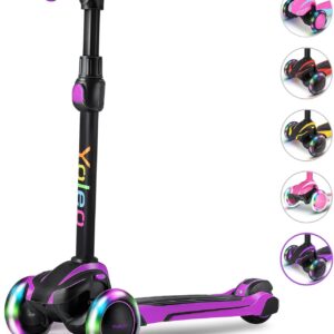 YOLEO Children’s Scooter for 3-12 Years, Children’s Scooter with 4 Adjustable Heights, LED Luminous Wheels, Children’s Scooter, Shock Absorbing Design, Easy to Steer, Balance Training Scooter for