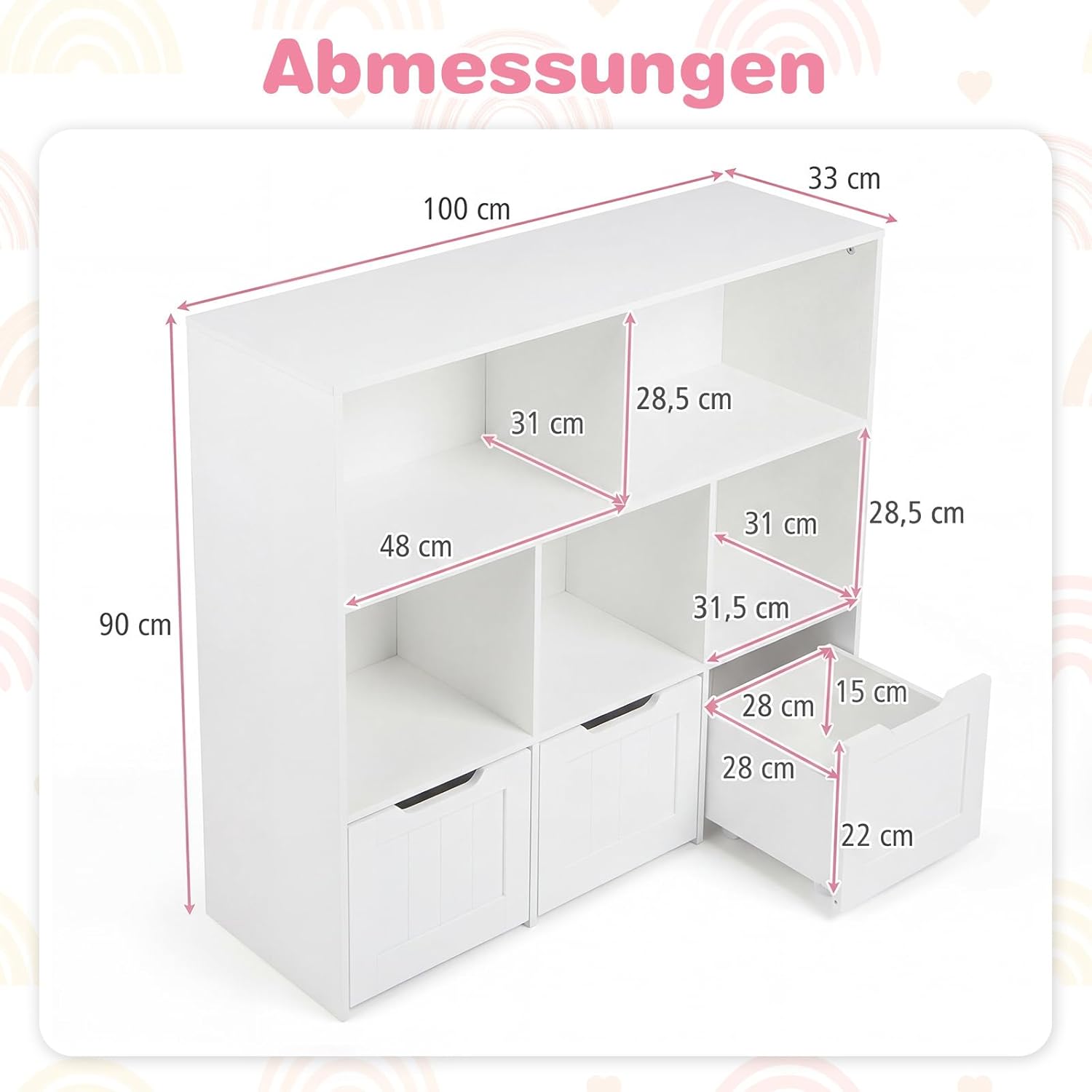 COSTWAY Children's Shelf with Boxes on Wheels, Children's Bookcase with 5 Compartments & 3 Drawers, Toy Cabinet Wooden Children's Cupboard, Toy Organiser for Children's Room, 100 x 33 x 90 cm (White) – Bild 3