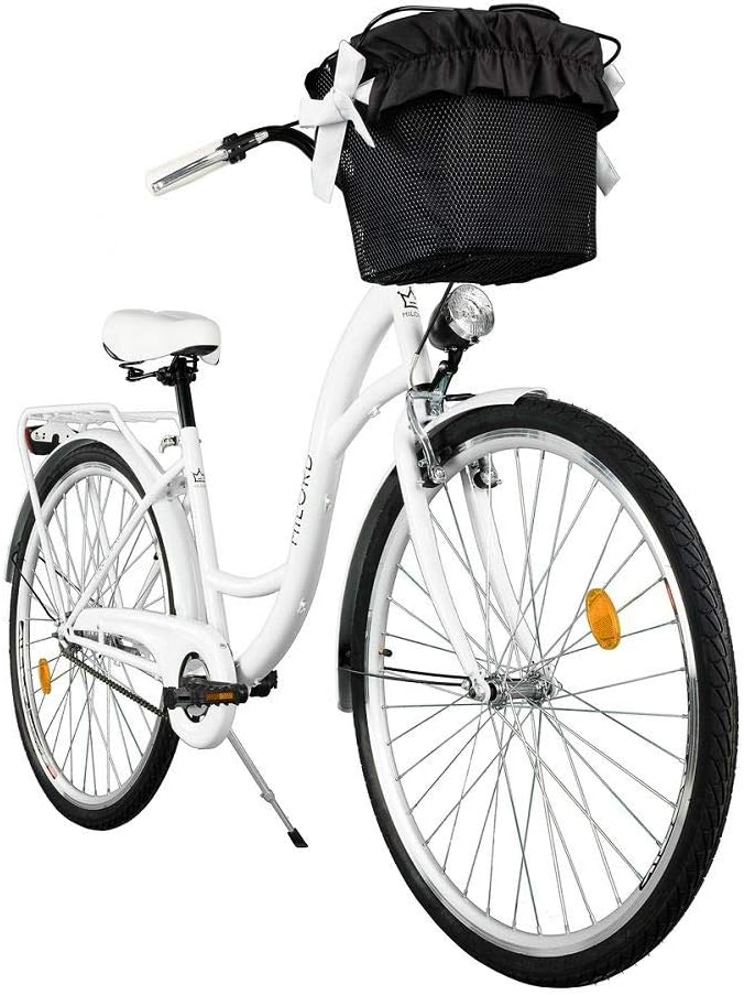 MILORD. Comfort Bicycle with Basket, Holland Bike, Women's Bike, 1 Speed, White, 28 Inches