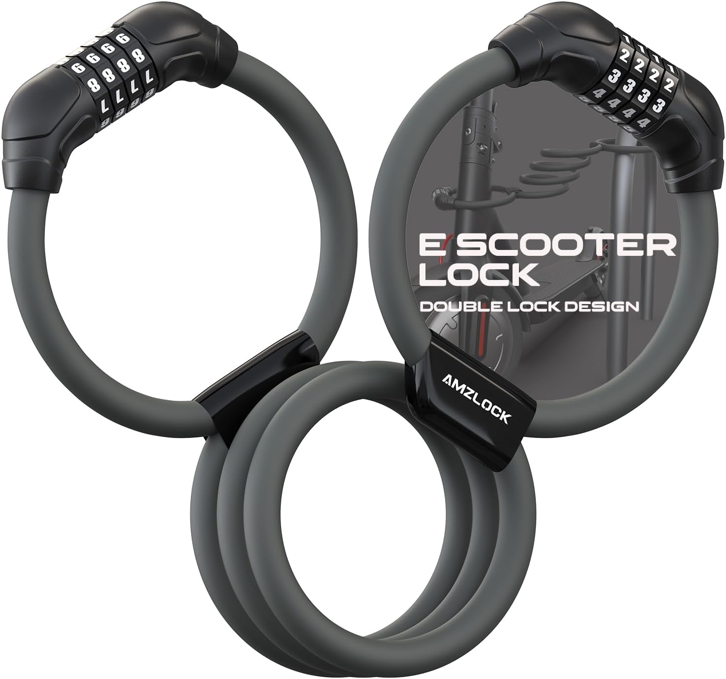 E Scooter Lock, Double Lock Cable Lock, Lock for E Scooter with 4 Digit Code, Handcuff Lock for E-Scooter, Bicycle and Scooter