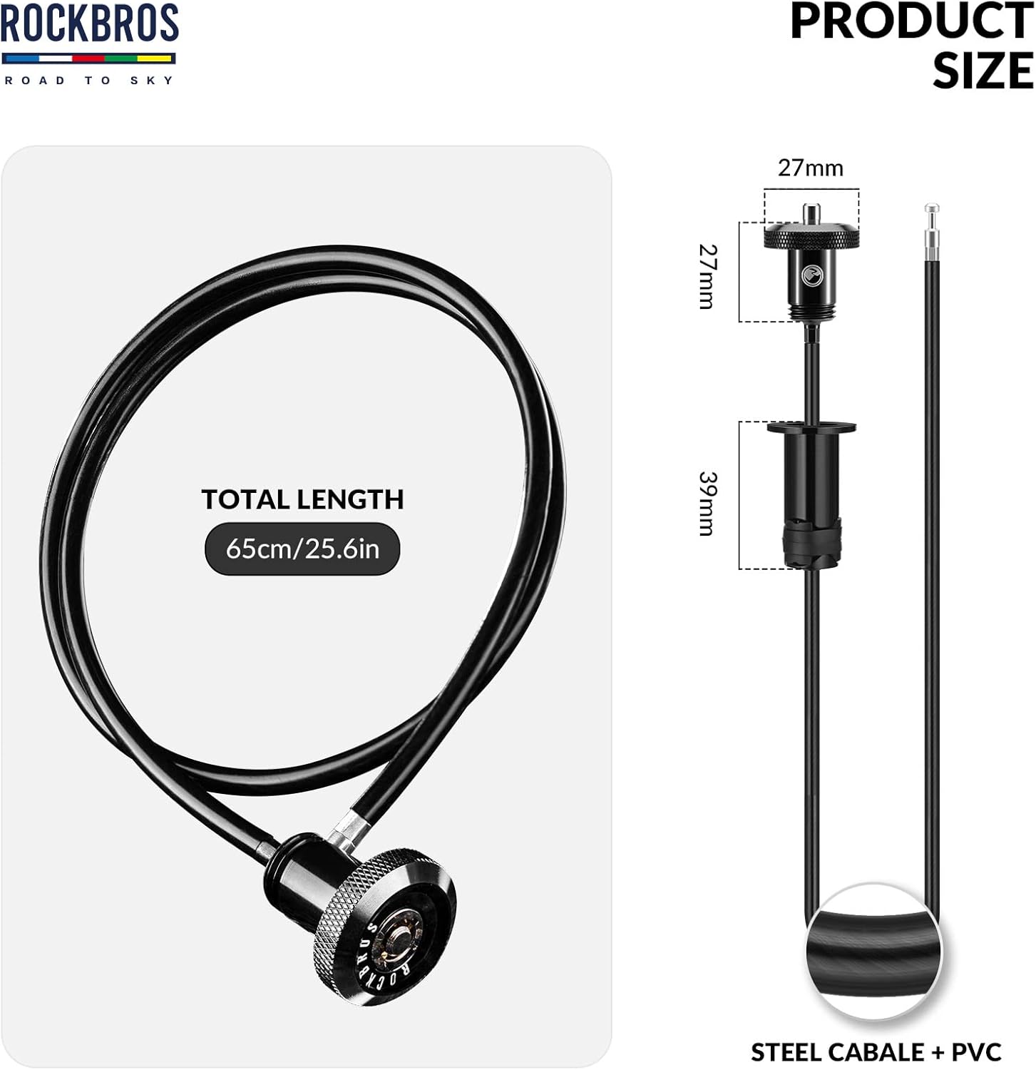 ROCKBROS Road to Sky Bicycle Cable Lock Mini Bicycle Lock as Handlebar Plug End Plug Multifunctional Hidden 65 cm for City Bike Road Bike MTB – Bild 2