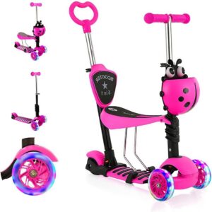 Kids Scooter with Removable Seat, Flashing LED Wheels, Height Adjustable 3 Wheel Scooter with Push Handle for Toddlers, Boys and Girls from 2 Years, Pink