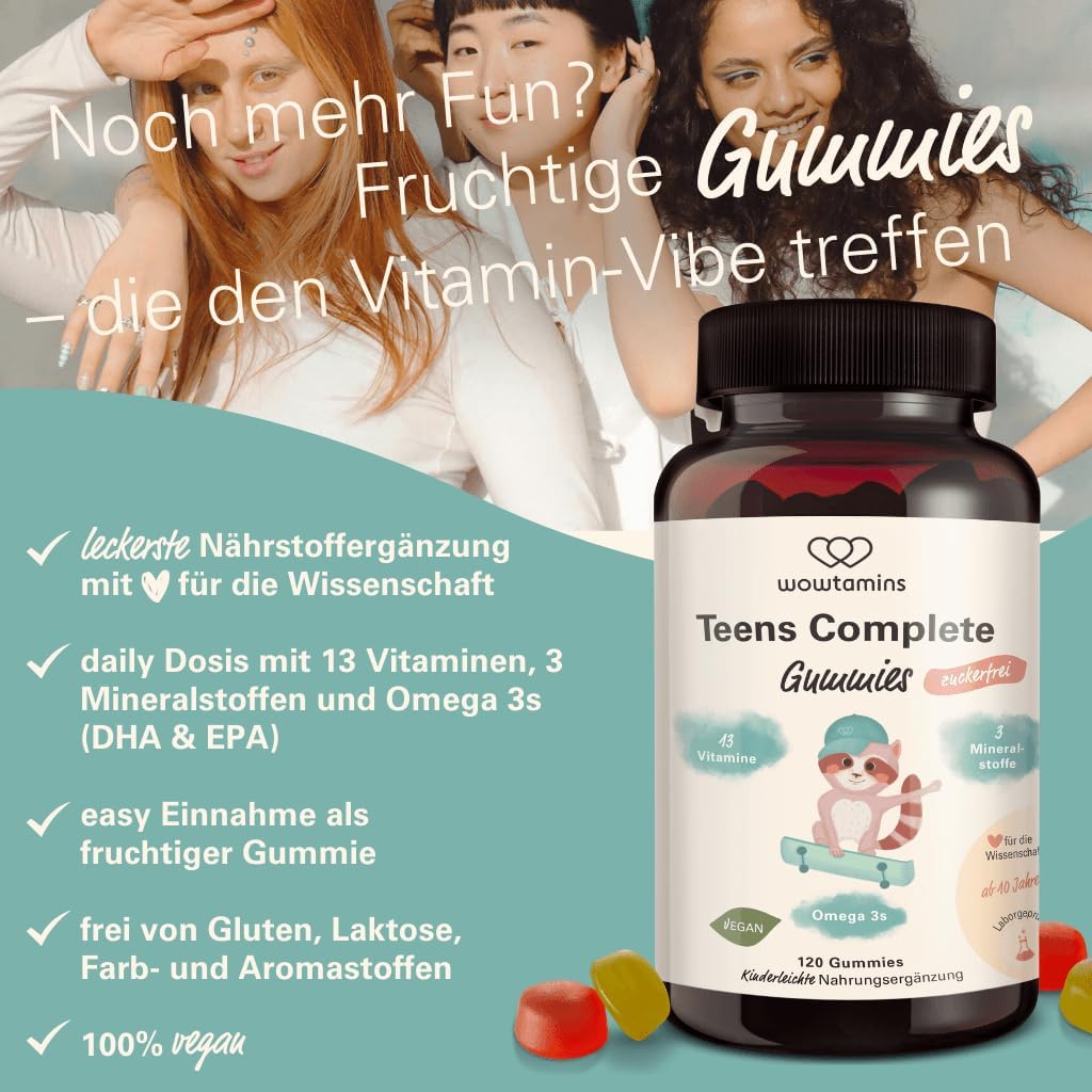 wowtamins Teens Complete Sugar-Free - Vitamins for Teenagers (30 Day Supply) - Multivitamin Gummies with Omega 3 - Dietary Supplement for the Immune System with Vitamin C, D3, B12, Zinc & More – Bild 3