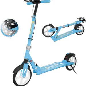 MEE GOO H007D Scooter with Disc Brake, Double Shock Absorbers, 200 mm PU Wheels, ABEC-7 Bearings, Foldable Scooter for Adults 18+, Non-Slip Deck with Pink/White/Blue