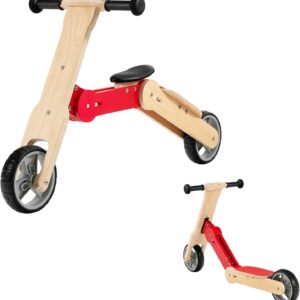 LIFEZEAL 2-in-1 Children’s Balance Bike, Wooden Balance Bike, Children’s Scooter with 2 Non-Slip Wheels & Carry Handle, Children’s Bicycle Slide Bike from 3 Years, Load Capacity of 50 kg, Red