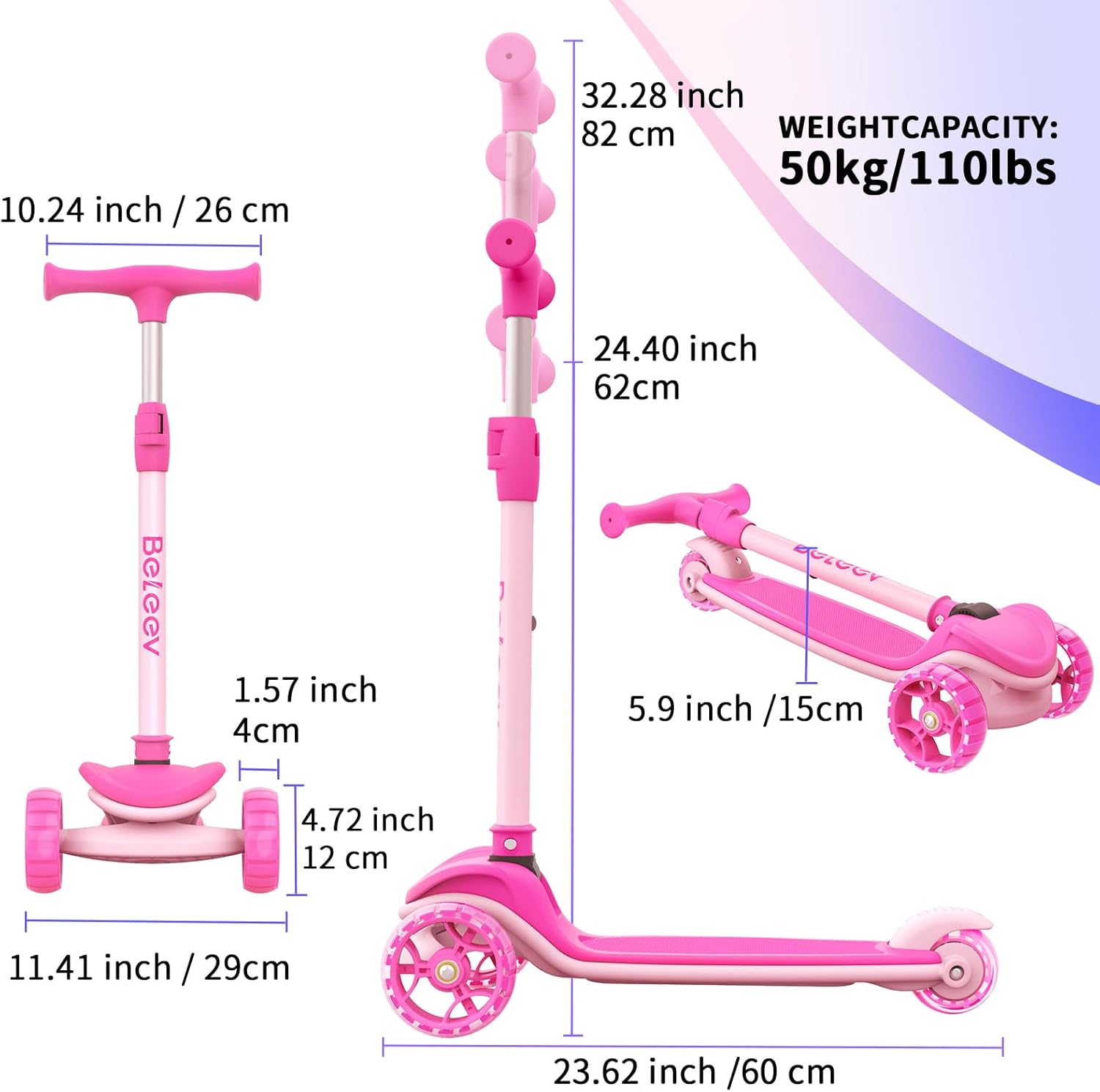 BELEEV A8 Scooter Children 6 Years, Foldable Premium Tricycle Scooter with LED Light Wheels, 4 Height Adjustable, Extra Wide & Non-Slip Platform, 3 Wheels Scooter for Girls Boys 3-12 Years – Bild 8