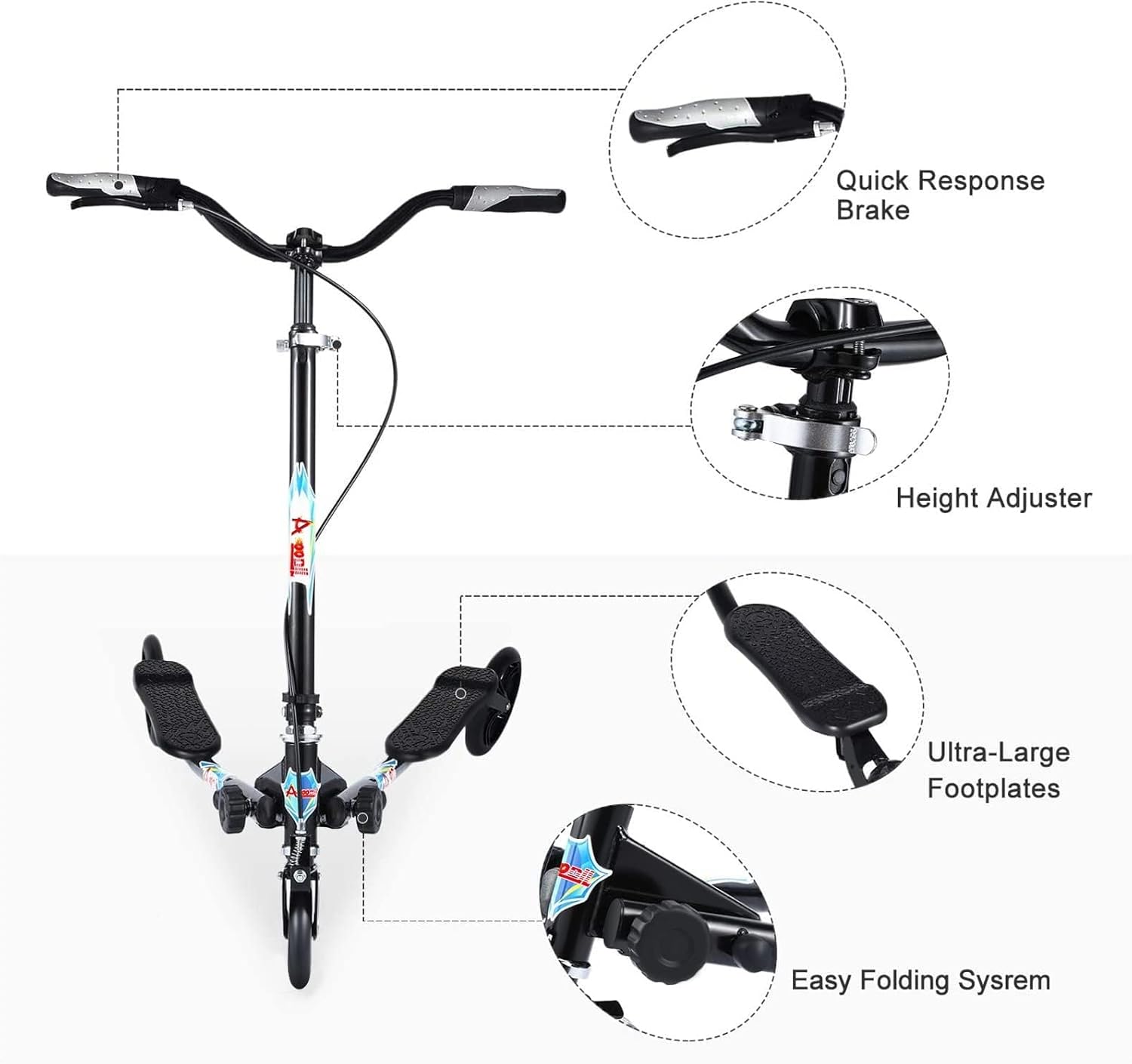 Swing Scooter Verstellbarer 3-Rad-Klapproller mit Selbstdriftfunktion für Kinder/Jugendliche/Erwachsene ab 6 Jahren – Bild 2
