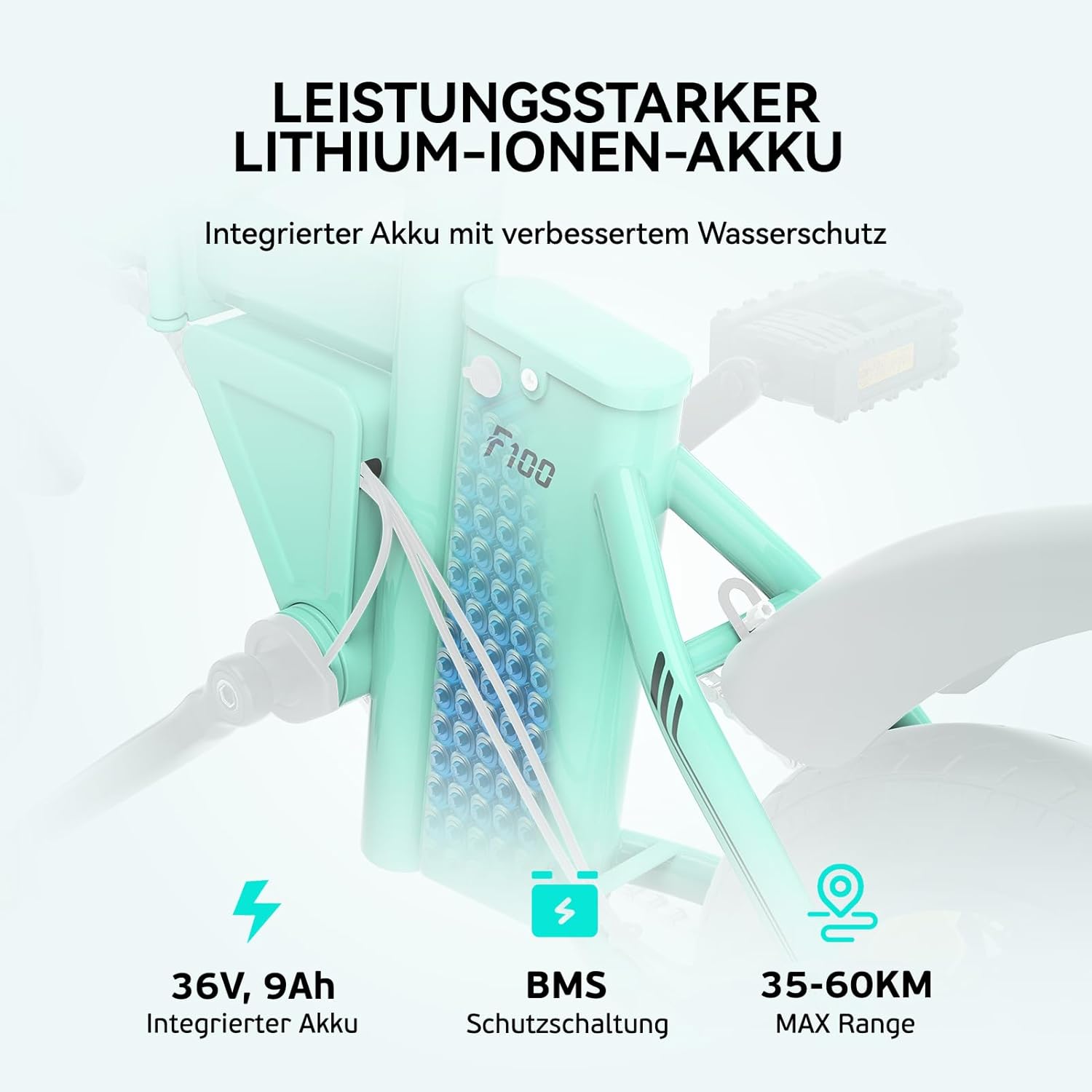 ESKUTE F100 E-Bike Klapprad, 14 Zoll Elektrofahrrad mit USB-Ladeanschluss für Handy, 250W EU-konformes Elektrofahrräder, Integrierter 36V 9Ah Akku, Reichweite bis 25-50KM – Bild 3