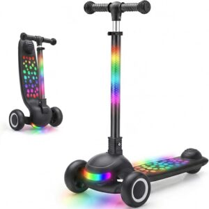UBRAVOO Children’s Scooter 3-10 Years Scooter for Children with Just One Click Foldable with 4-Way Height Adjustable Handlebar and Rear Brake Illuminated Wide Deck Scooter & Boys and Girls