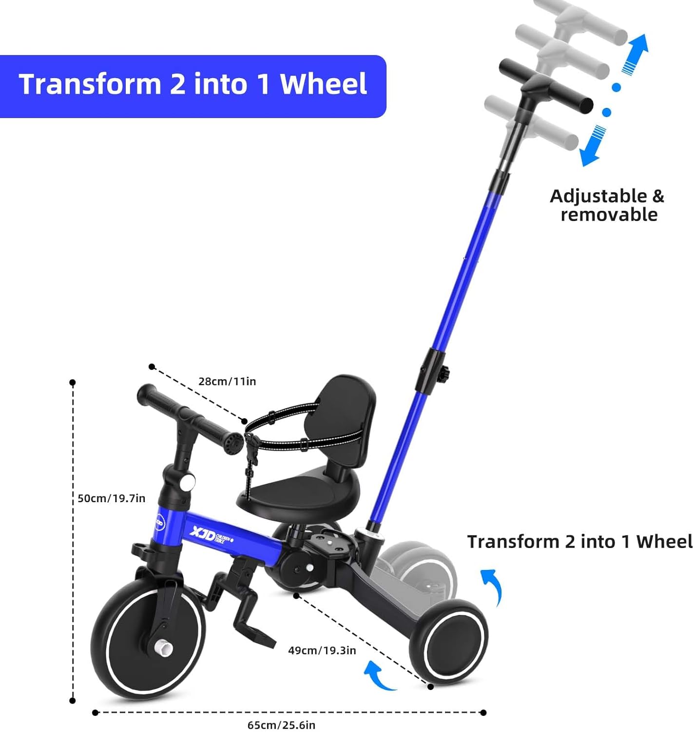 XJD 5-in-1 Tricycle, Balance Bike from 1 Year with Push Bar for Children from 1-4 Years, Balance Bike with Removable Pedals and Adjustable Seat, Children's Tricycle, Baby Bicycle (Blue) – Bild 6