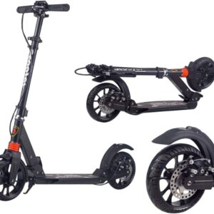 Ultra Wide Big Wheels Adult Scooter with Disc Handbrake – Foldable and Height Adjustable | 150kg Capacity Commuter Scooter for Teenagers and Unisex Riders – Black