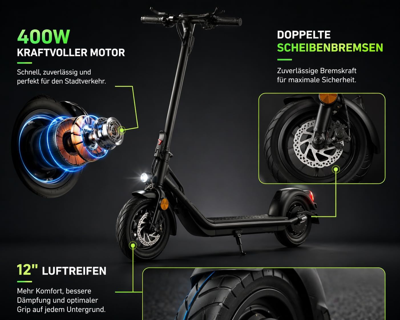IMLEX E-Scooter Electric Scooter with Road Approval (ABE) - 20 km/h, 400 W Motor, 12 Inch Pneumatic Tyres, LED Display & Lighting, Foldable – Bild 6