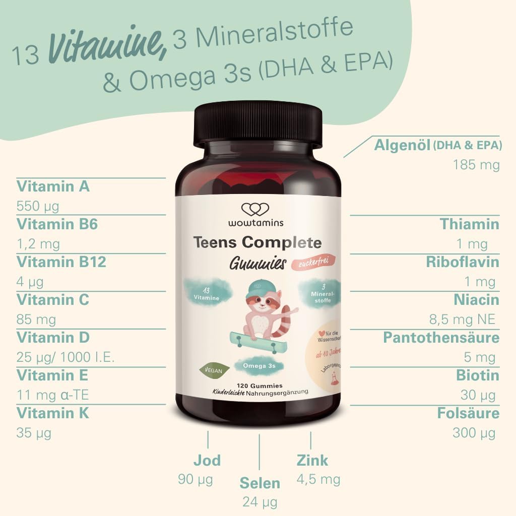wowtamins Teens Complete Sugar-Free - Vitamins for Teenagers (30 Day Supply) - Multivitamin Gummies with Omega 3 - Dietary Supplement for the Immune System with Vitamin C, D3, B12, Zinc & More – Bild 5