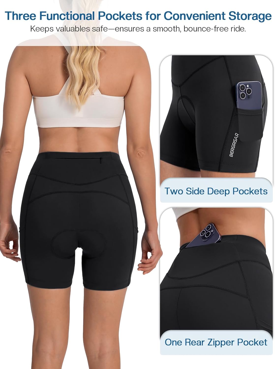 BERGRISAR Women's Padded Breathable Elastic Cycling Shorts with 3 Pockets – Bild 4