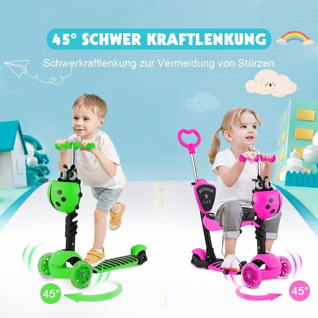 Yoleo 5-in-1 Children's Scooter with Removable Cartoon Basket, Seat, Push Bar, LED, Large Wheels, Comfortable Backrest, Height-Adjustable Handlebar for Toddlers, Boys and Girls from 2 Years, pink – Bild 2