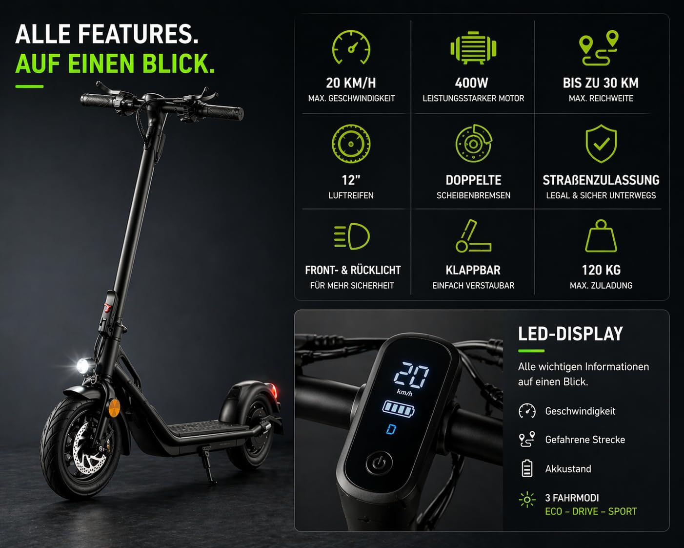 IMLEX E-Scooter Electric Scooter with Road Approval (ABE) - 20 km/h, 400 W Motor, 12 Inch Pneumatic Tyres, LED Display & Lighting, Foldable – Bild 5