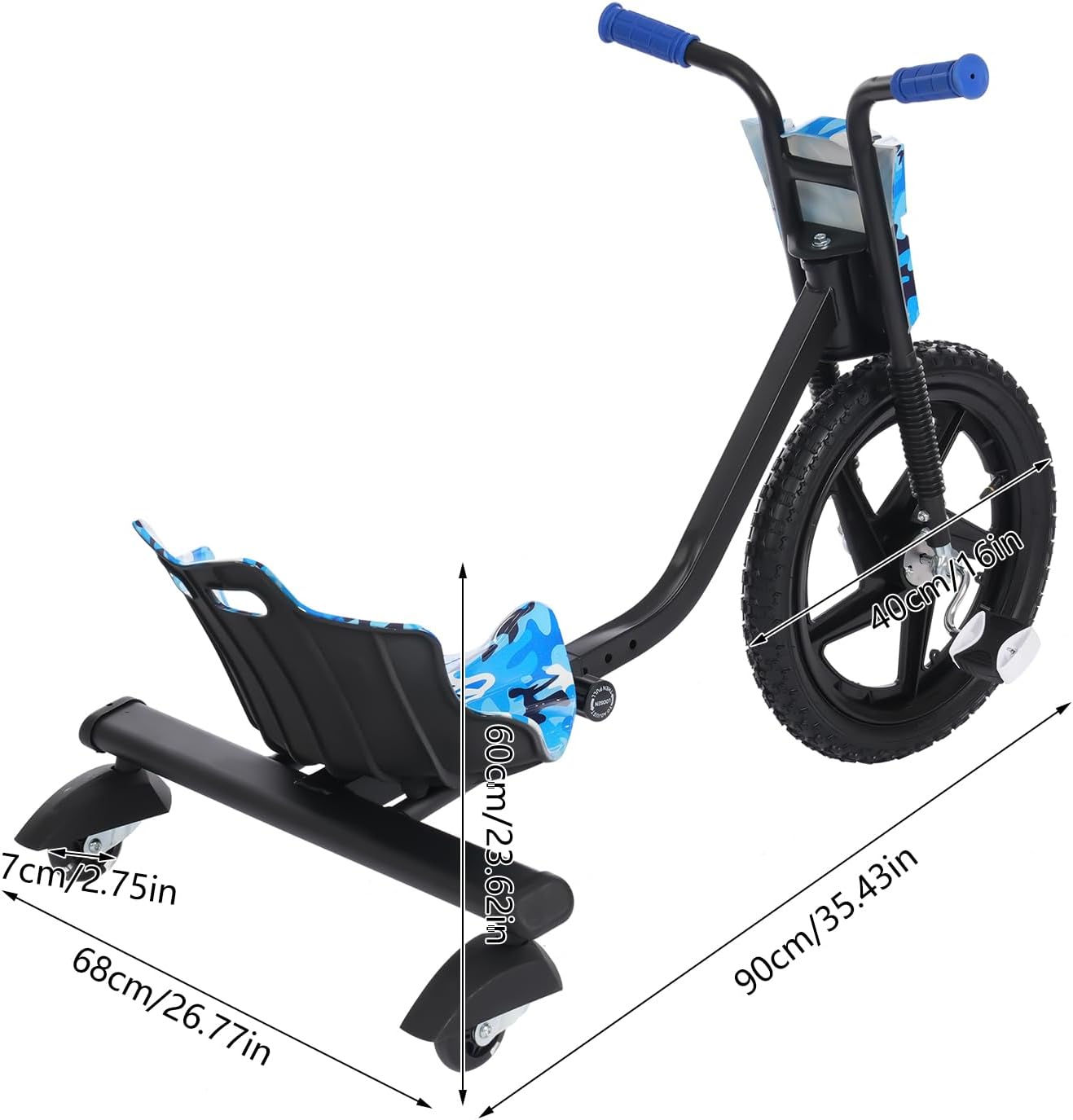 Drift Scooter, Children's Drift Scooter, 90 x 68 x 60 cm, Pedal Scooter Drifts Cart, Load Capacity 80 kg Adjustable, Children's Pedal Tricycle Can Be Used for Children from 6 Years (Blue Panel) – Bild 3