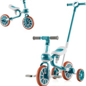 SOARS 4-in-1 Balance Bike, Children’s Tricycle with 4-Level Adjustable Push Handle, 2-Level Saddle, Removable Pedals, Running Bike, Walker for Children from 1 Year (Green)