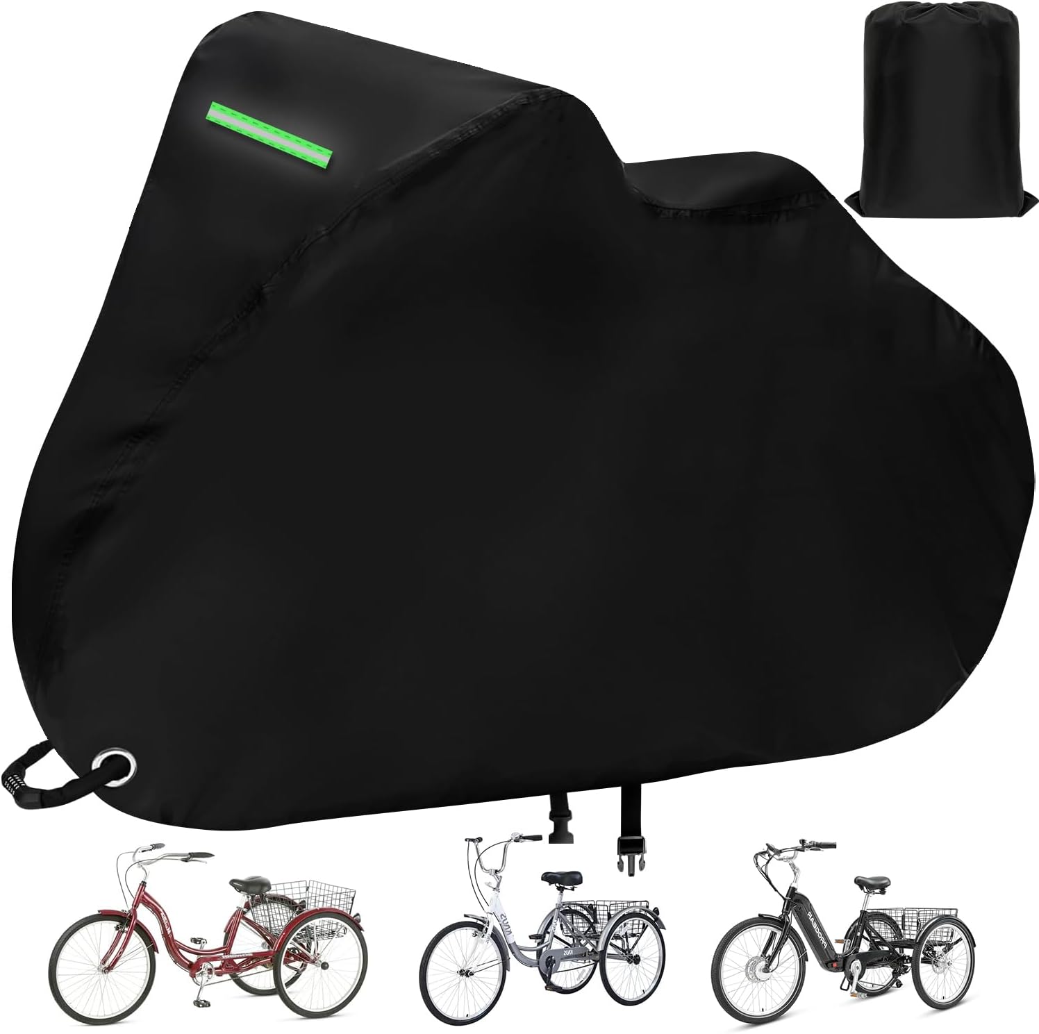 Adult Tricycle Cover, Waterproof Outdoor 3 Wheel Cover for E-Bike, Tricycle Bicycle Covers, Durable UV-210D Polyester Fabric, with Safety Buckle