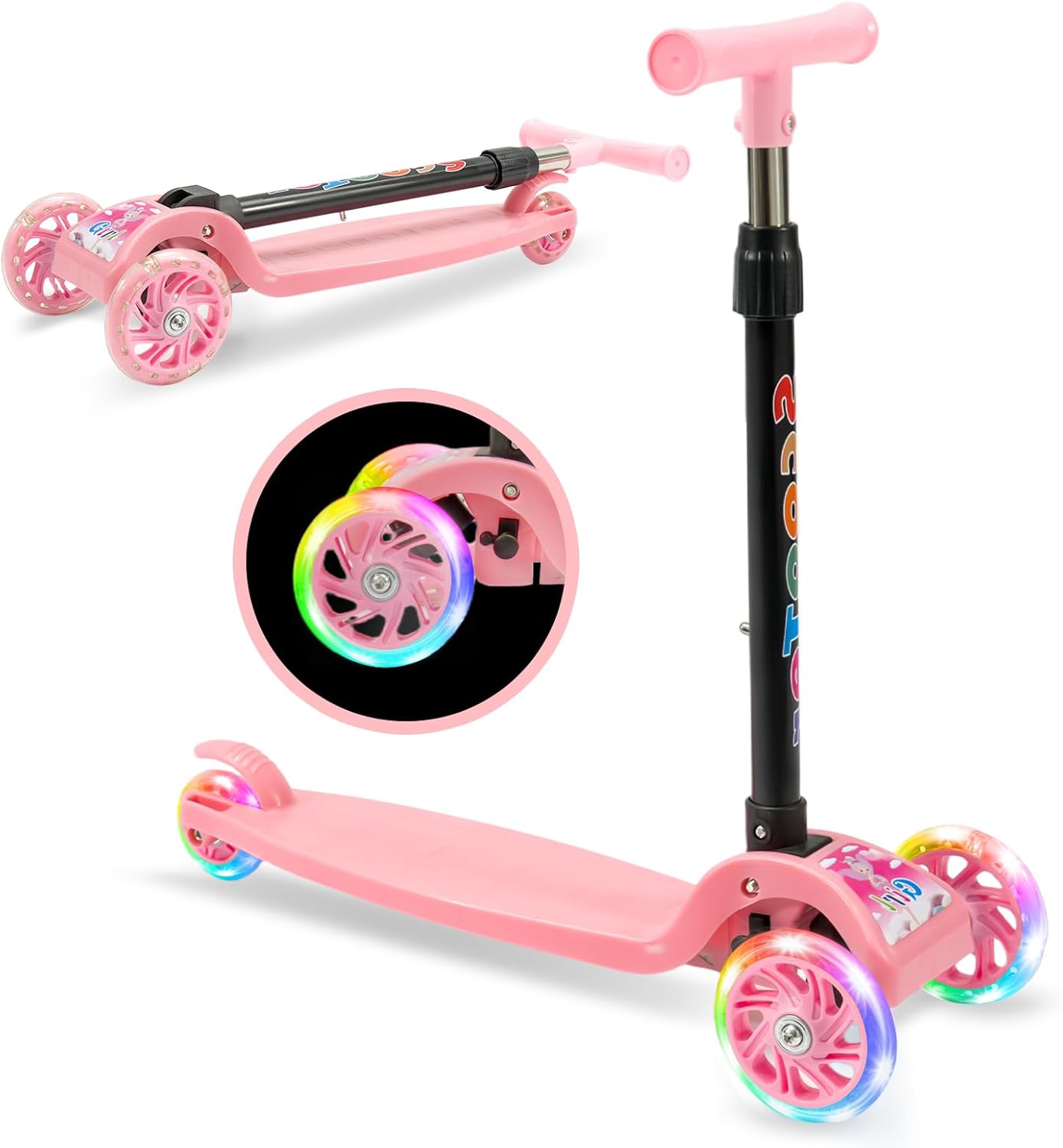 Youyijia Foldable Scooter for Kids, 3 Wheel Scooter with Luminous Wheels, Height Adjustable Handlebar, Luminous Scooter for Boys and Girls