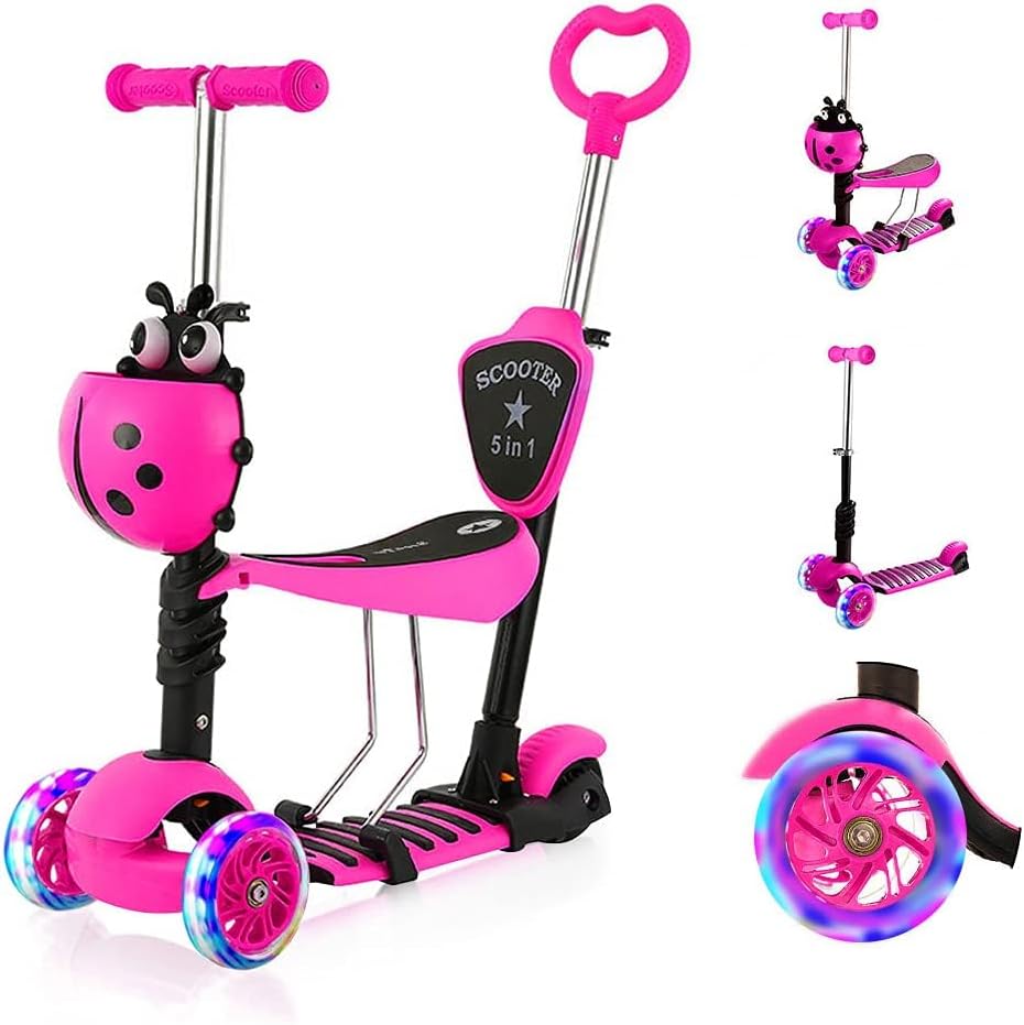 Yoleo 5-in-1 Children's Scooter with Removable Cartoon Basket, Seat, Push Bar, LED, Large Wheels, Comfortable Backrest, Height-Adjustable Handlebar for Toddlers, Boys and Girls from 2 Years, pink