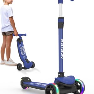 BELEEV A8 Scooter Children 6 Years, Foldable Premium Tricycle Scooter with LED Light Wheels, 4 Height Adjustable, Extra Wide & Non-Slip Platform, 3 Wheels Scooter for Girls Boys 3-12 Years
