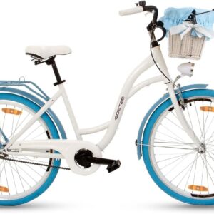 Goetze Style 26 Inch Women’s City Bike, 17 Inch Low Entry Frame, 1-Speed Coaster Brake, Front V-Brake, LED Lighting, Luggage Rack, Rattan Basket, Comfort Saddle, with Stand & Bell