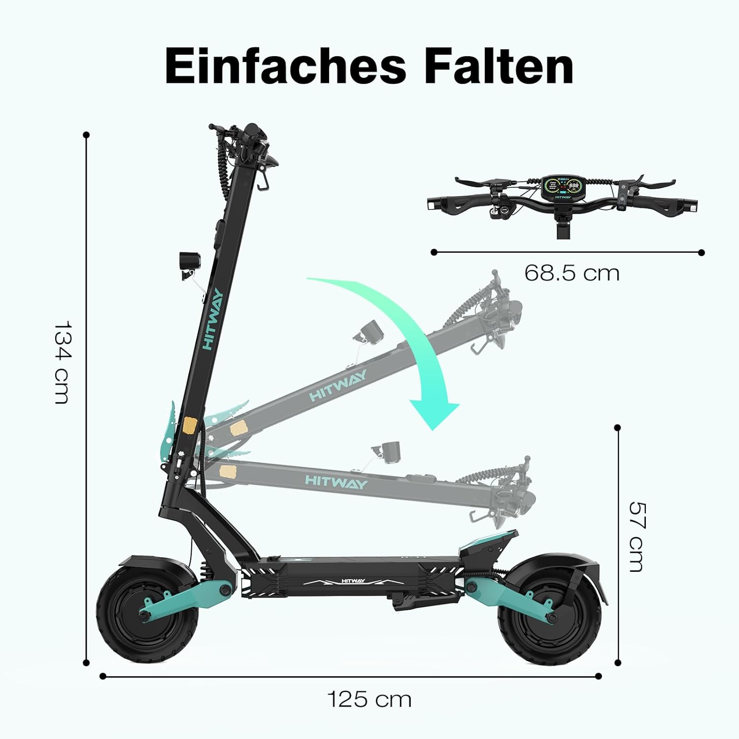 HITWAY H11 E Scooter with Road Legal, 250 W x 2 Motor Tip, 1800 x 2.130 KM, 52 V 23.4 Ah, 10 Inch Off-Road Rubber Tyres, 150 kg Max, Double Shock Absorption, Foldable E Scooter for Adults - with App – Bild 8
