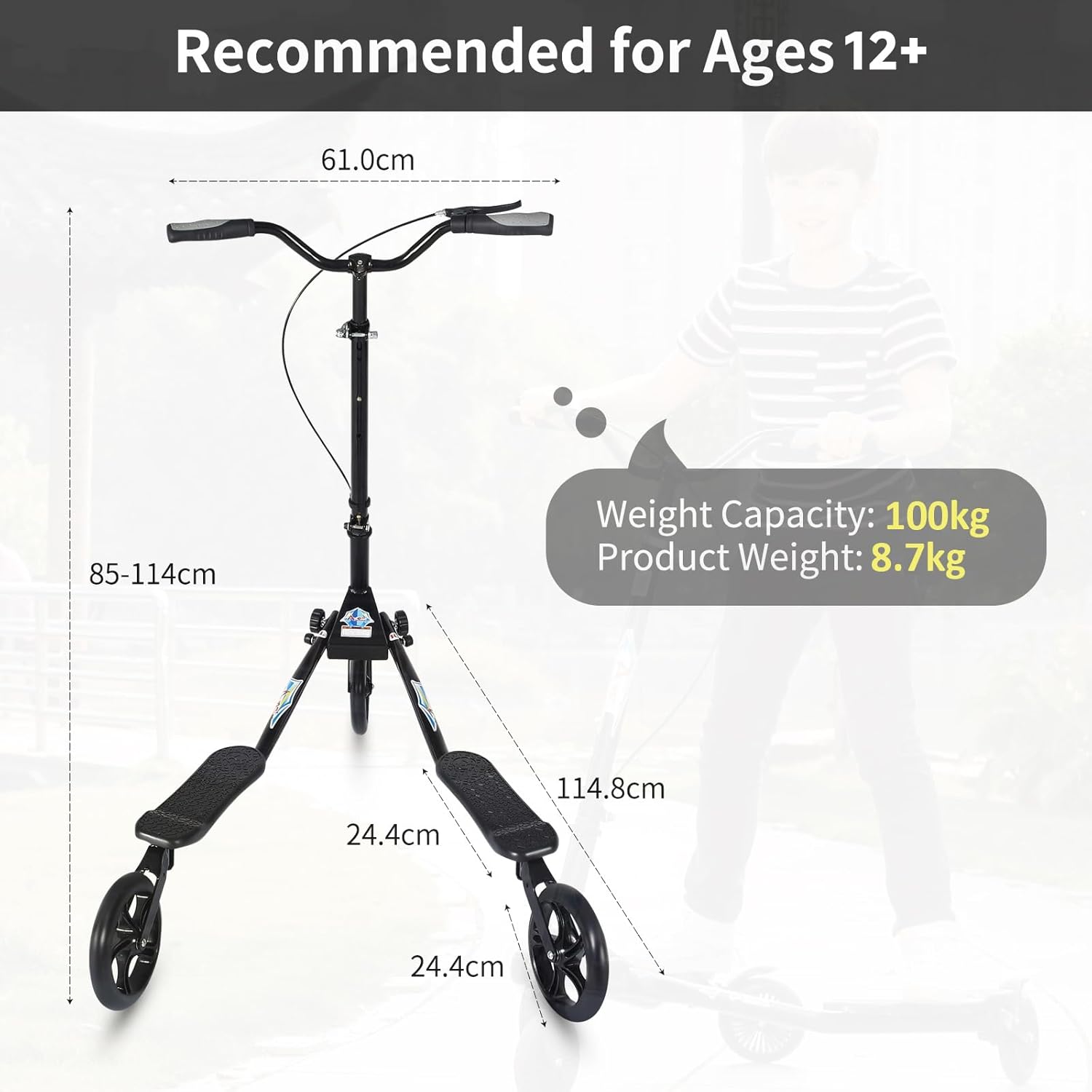 Swing Scooter Verstellbarer 3-Rad-Klapproller mit Selbstdriftfunktion für Kinder/Jugendliche/Erwachsene ab 6 Jahren – Bild 4