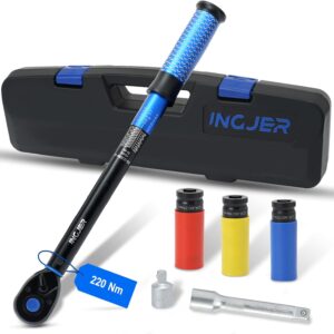 Upgrade 1/2 inch torque wrench car, 20-220 Nm, torque 1/2 inch, TÜV GS tested, 6 pieces with 125 mm extension rod, 1/2 inch – 3/8 inch adapter, 3 sockets 17/19/21 mm, torque wrench