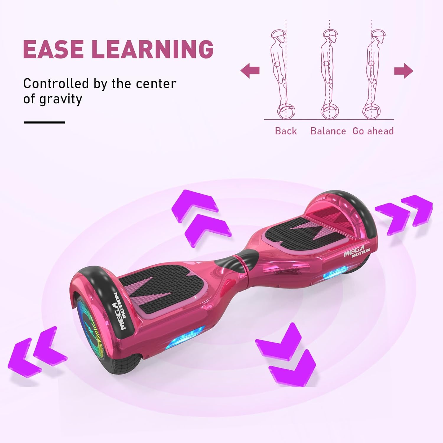 MEGA MOTION Hoverboards für Kinder, 6.5 Zoll Zweirad Selbstbalancierendes Hoverboards mit Bluetooth Lautsprecher, Kommt mit cool leuchtendem Rad, mit LED-Leuchten, Geschenk für Kinder und Jugendliche – Bild 3