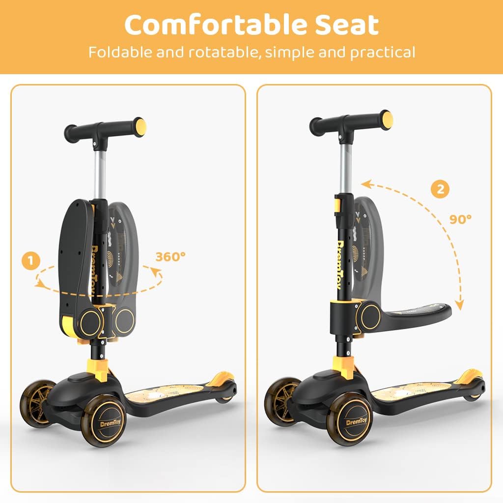 BremToy Children's Scooter with Seat, Scooter with LED Wheels, Children's Scooter with Height-Adjustable Handlebar, Foldable Children's Scooter for Children 1-8 Years – Bild 8