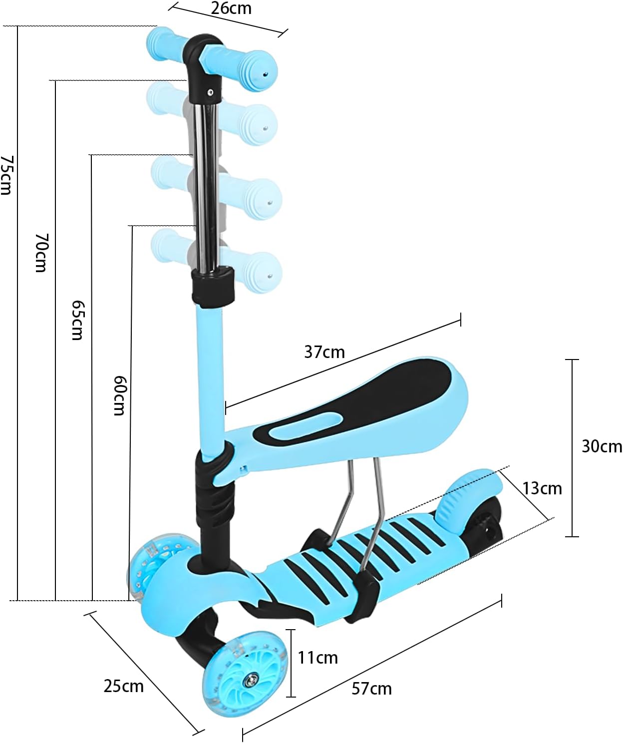 5 in 1 Scooter Scooter with Seat + Slider Flash Wheels PU Wheels Non-Slip LED Light Height Adjustable Ideal for Children 2-8 Years – Bild 2