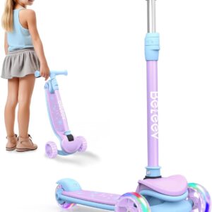 BELEEV A8 Scooter Children 6 Years, Foldable Premium Tricycle Scooter with LED Light Wheels, 4 Height Adjustable, Extra Wide & Non-Slip Platform, 3 Wheels Scooter for Girls Boys 3-12 Years