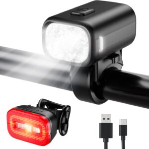 KCCYB Bicycle Light Set, Rechargeable LED Front and Rear Light, IPX5 Waterproof, with Intelligent Brake Light Function, StVZO Approved, Bicycle Light for Adults – Ideal for Night Driving