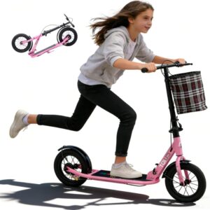 Folding City Scooter with Basket for Adults and Teenagers up to 150 kg, 200 mm Big Wheel Scooter, Height Adjustable with Pneumatic Tyres, Hand and Foot Brake, Lightweight and Non-Slip for Commuters