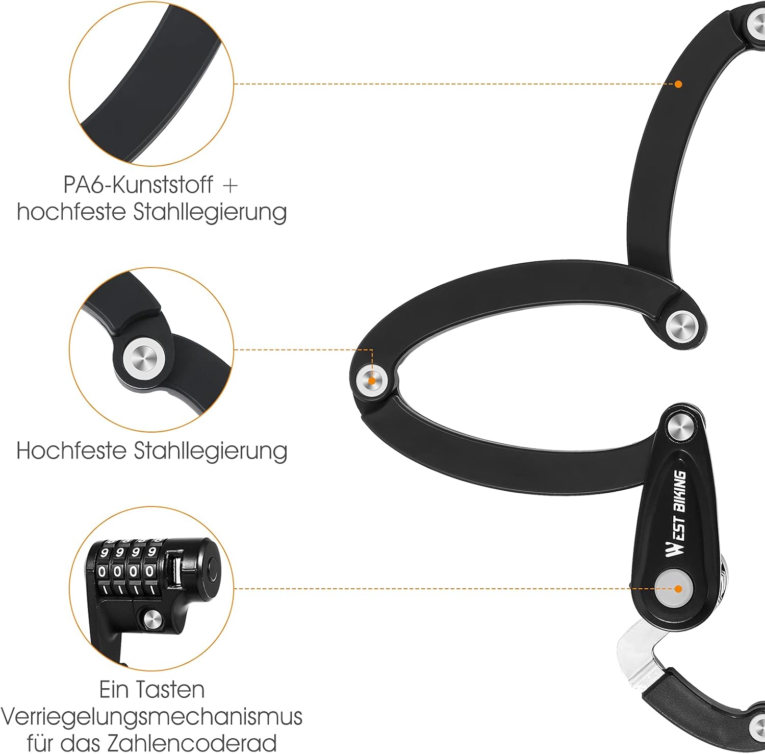 XIQI Bicycle Lock Folding Lock Combination Lock High Security 85 cm Length Bicycle Lock Combination Lock with Bracket High Security Level 10, E Scooter Lock Bicycle Locks for MTB & Road Bike – Bild 4