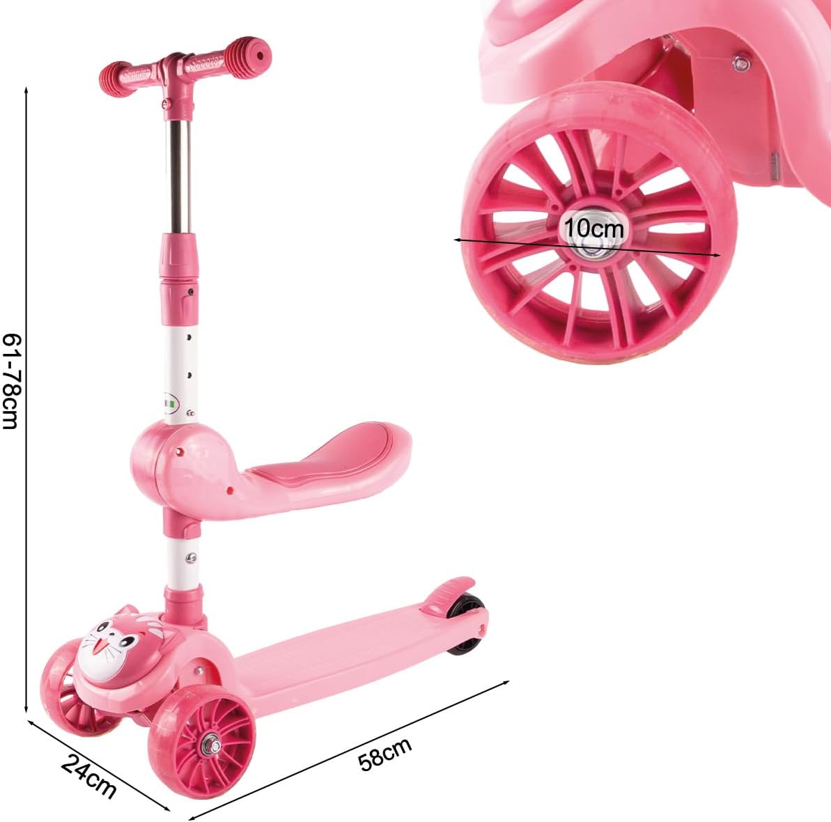 MalPlay Kitten 2-in-1 Folding Scooter LED Wheels Pink Robust Lightweight 4-Level Height Adjuster – Bild 2