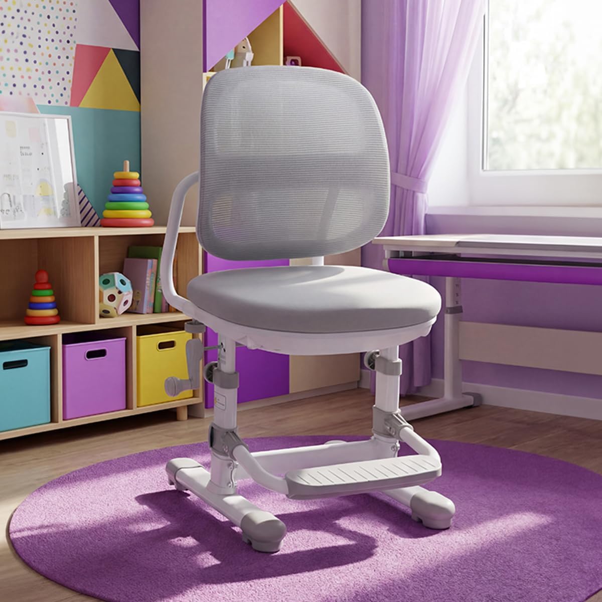 Spacetronik Children's Desk Chair without Wheels, Children's Desk Chair, Height Adjustable 37-51 cm, Children's Chair Desk with Footrest & Mesh Backrest, Sturdy Learning Chair, Children, Grey – Bild 5